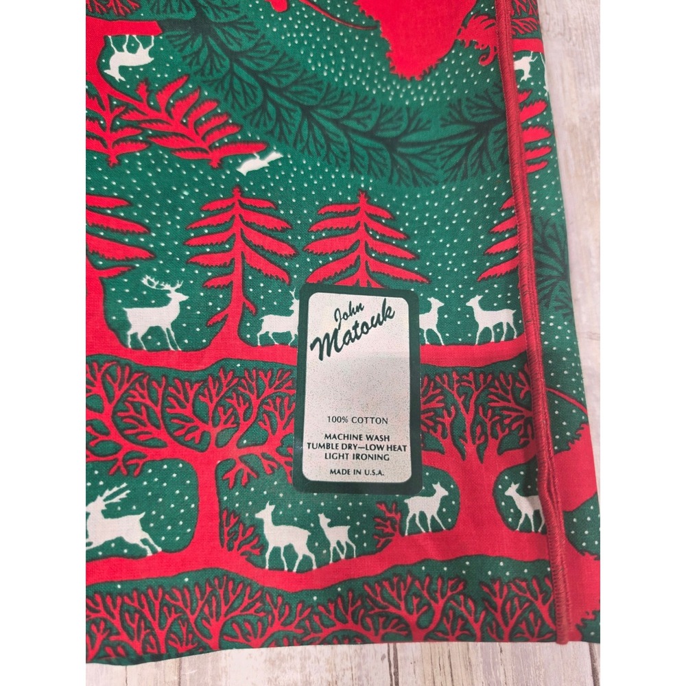 VTG John Matouk Christmas Tablecloth Red Green Reindeer Santa Cotton USA 59x84 - Picture 2 of 3